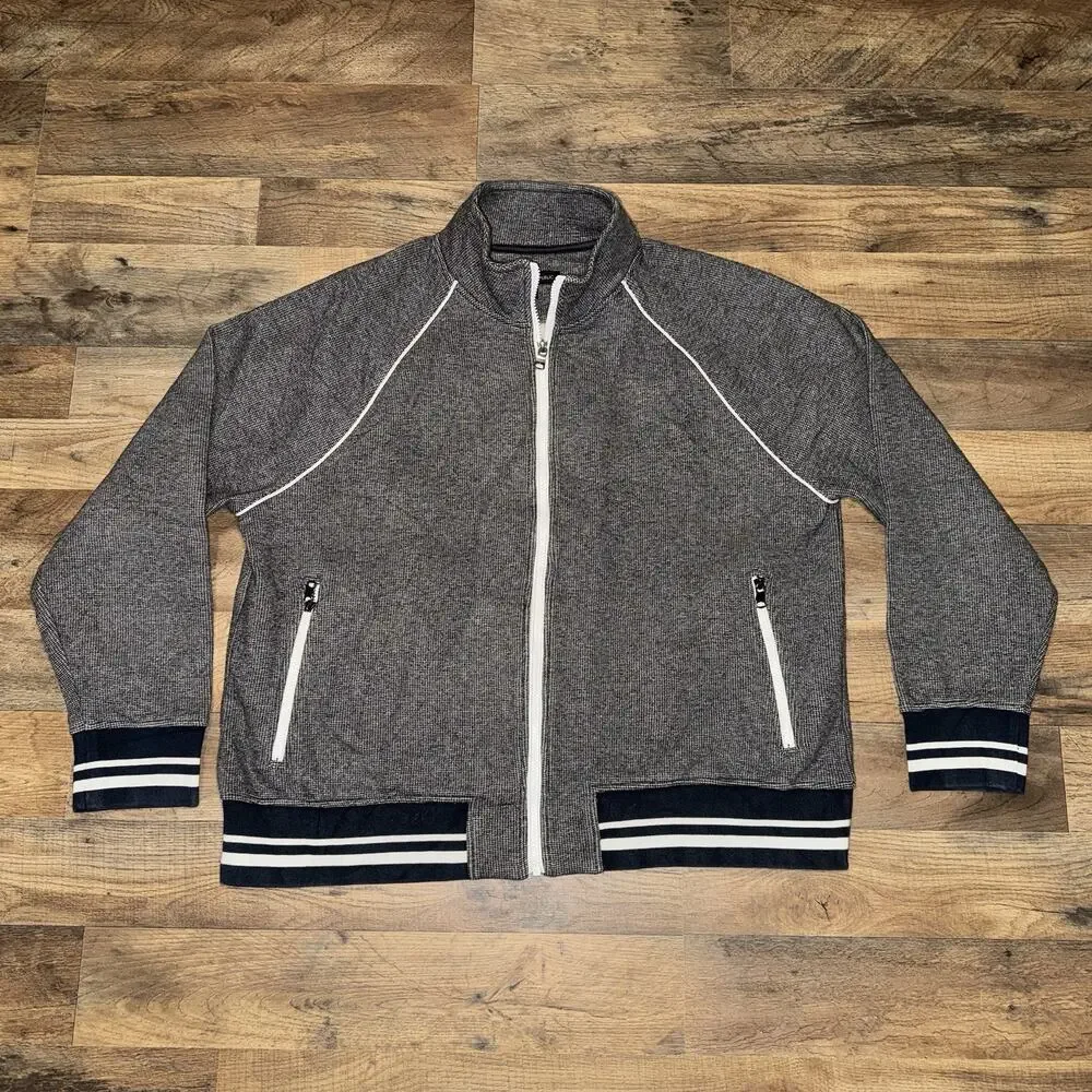 Banana Republic Jacket Mens XL Grey Navy Cotton Knit Full Zip Ribbed‎ Hem Cuffs